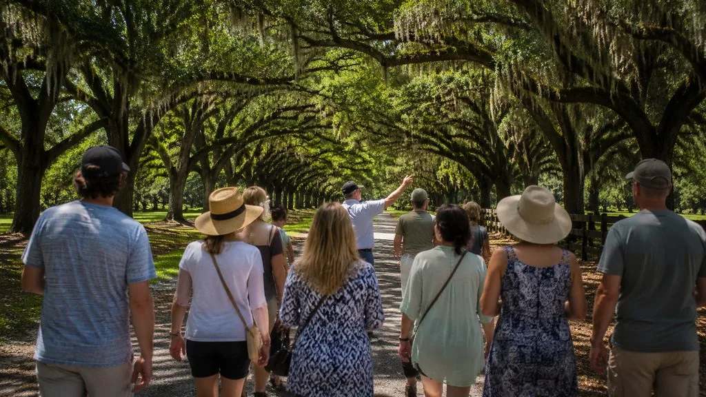 The avenue of live oaks begins inside the gate — there is no roadside vantage point that gives you the tunnel shot